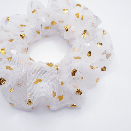 Gold Hearts White Tulle Medium Scrunchie