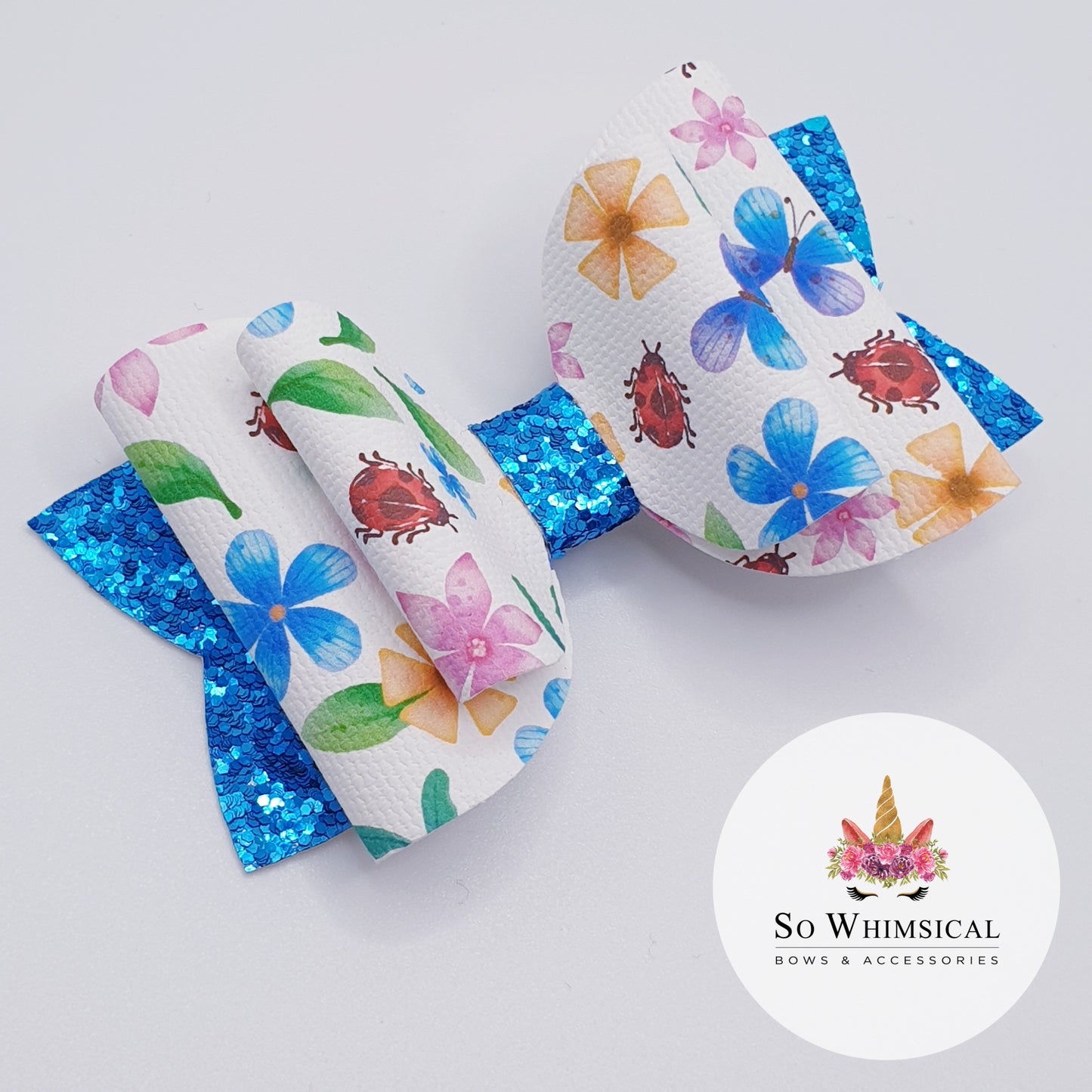 Bloomy Blue Leather & Canvas Bow