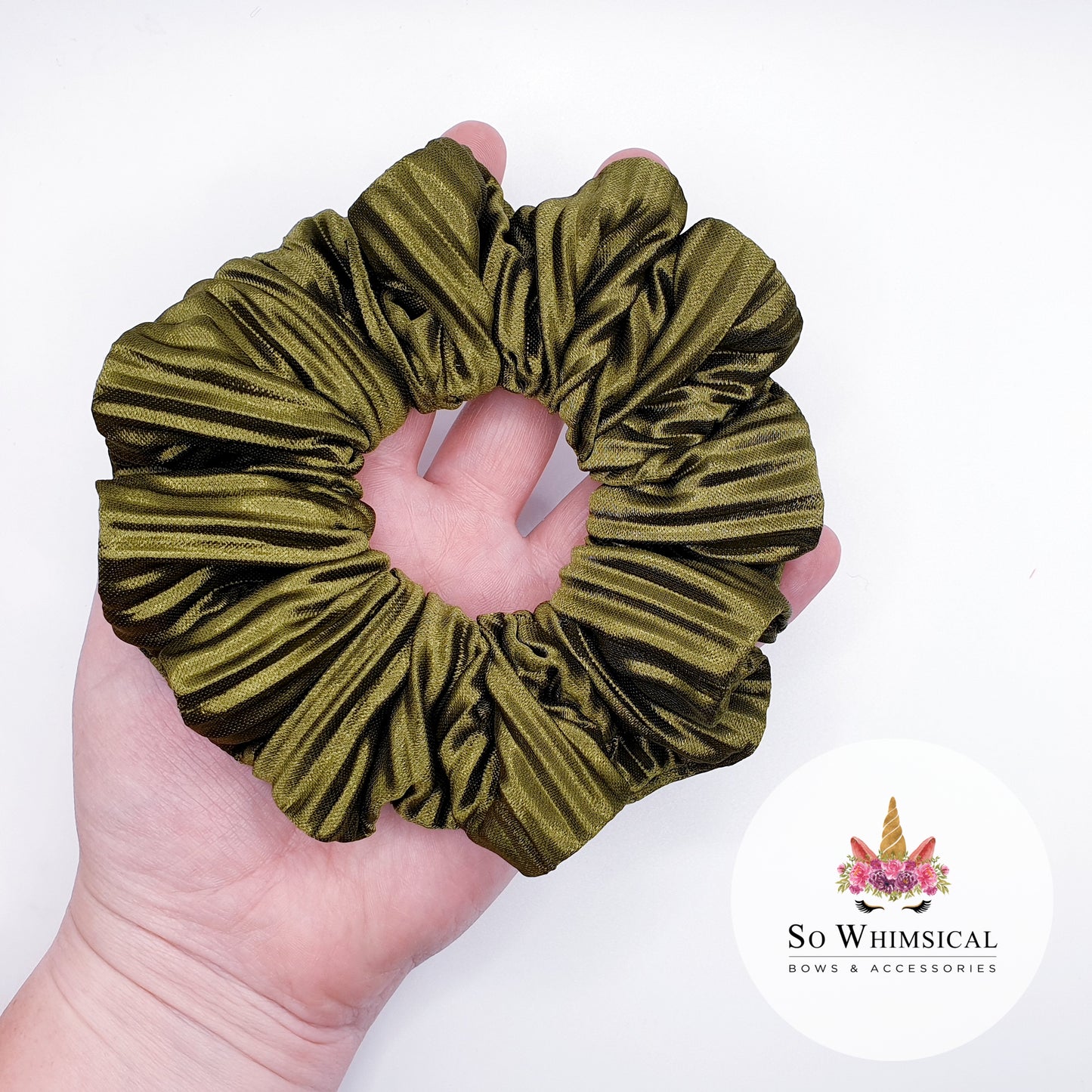Ruffled Satin Scrunchie in Army Green Medium