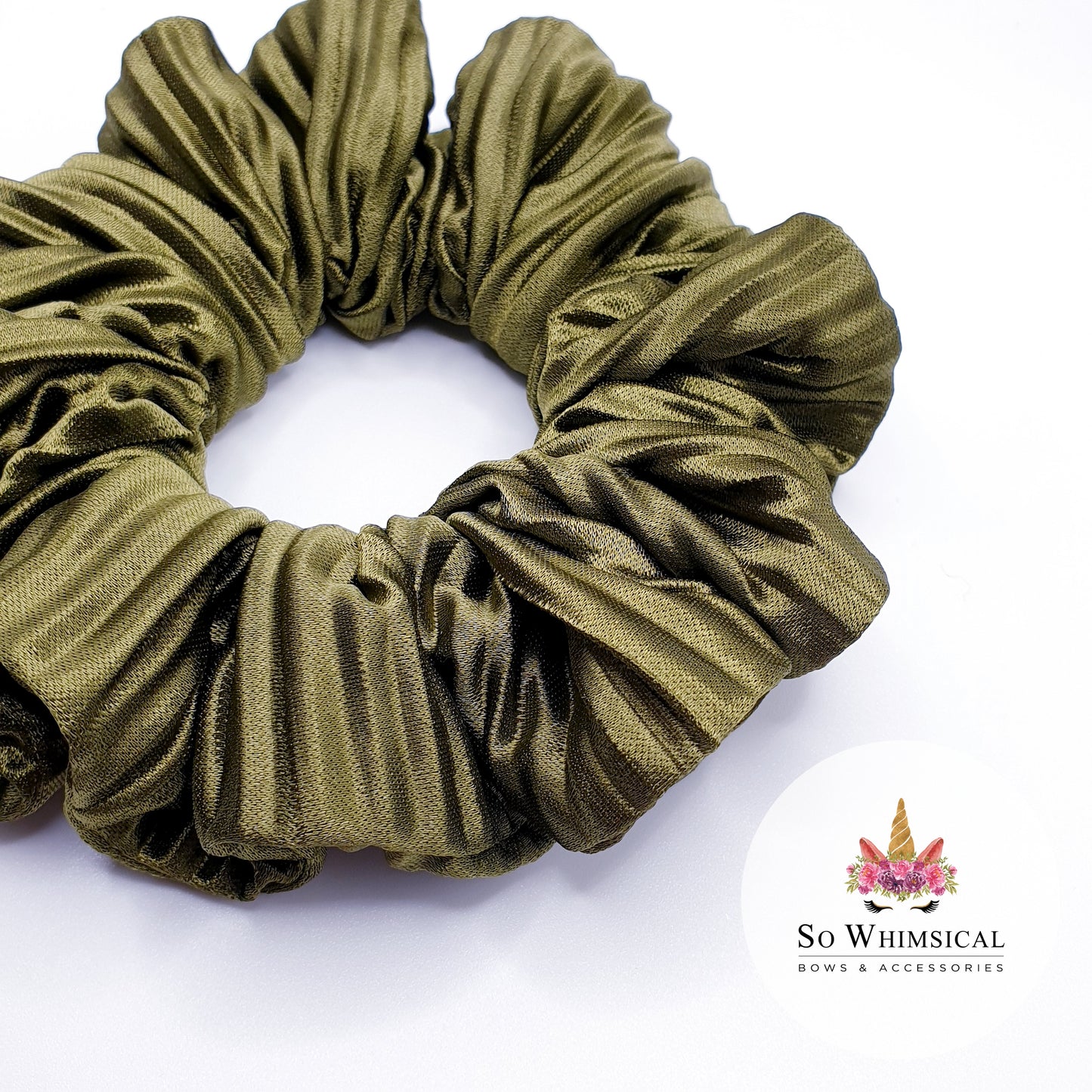 Ruffled Satin Scrunchie in Army Green Medium