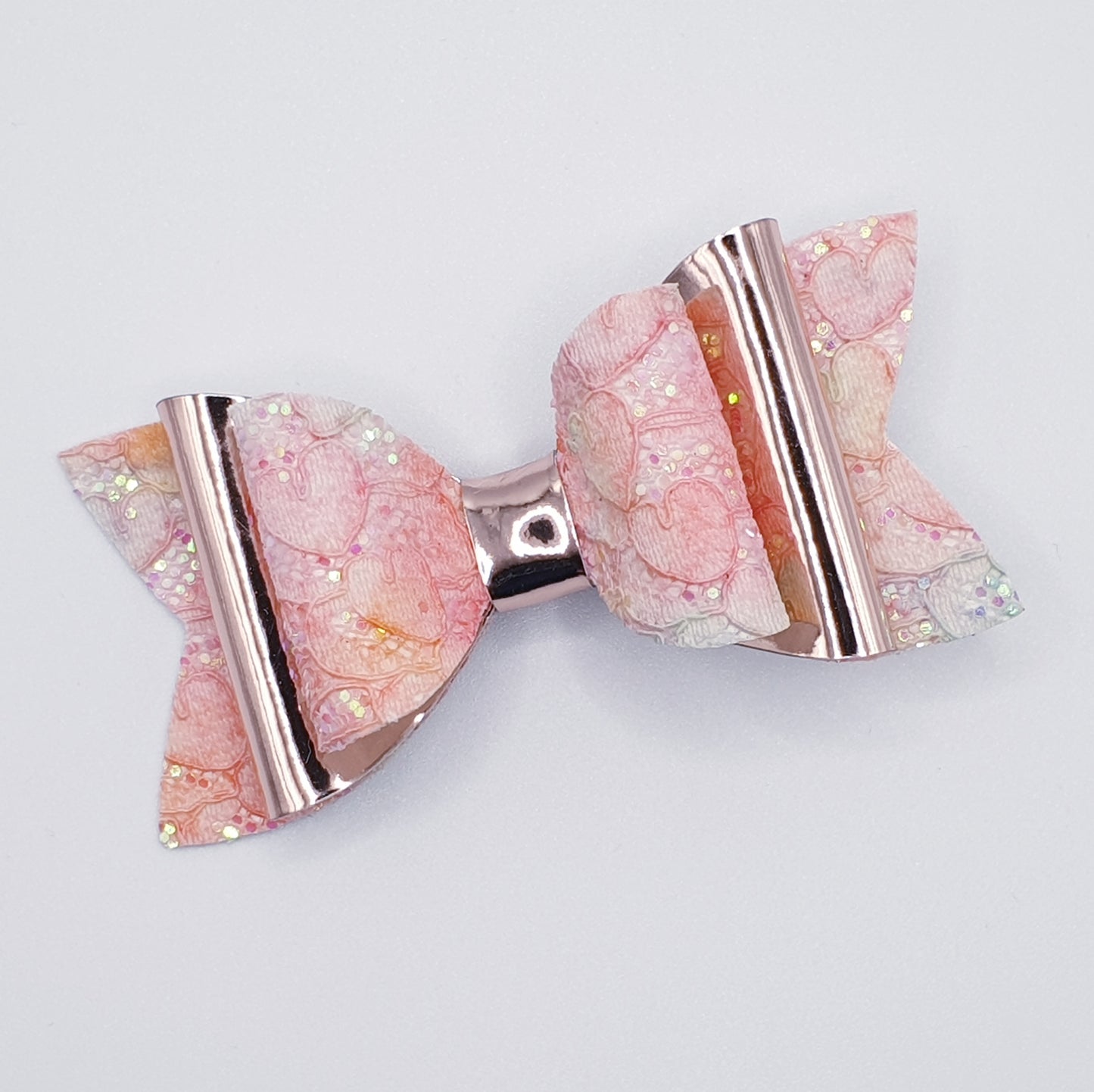 Peachy Pink Lace & Mirror Faux Leather Bow