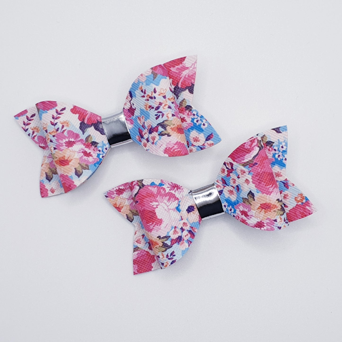 Pink & Blue Summer Floral Faux Leather Bows (Set of 2)
