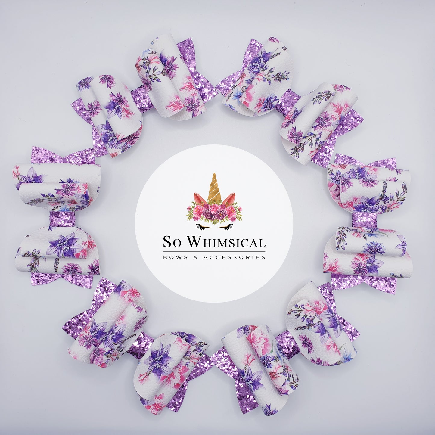 Purple Floral & Glitter Faux Leather Bow