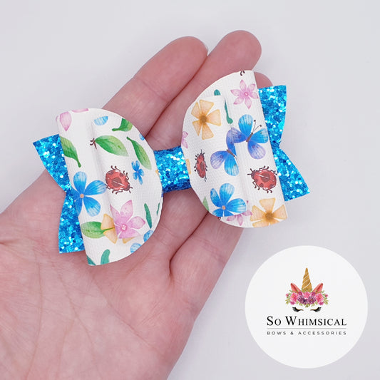 Bloomy Blue Leather & Canvas Bow
