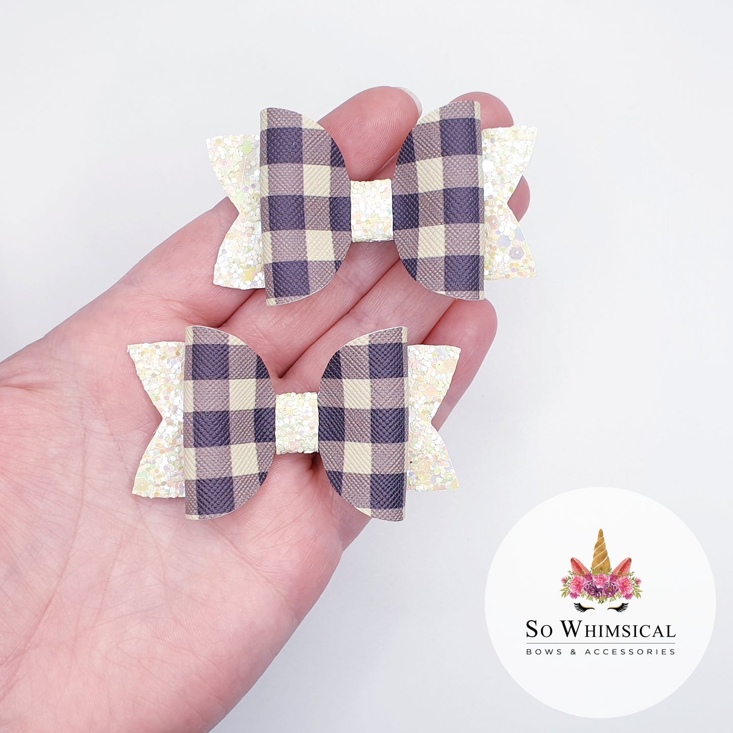 Green Glitter & Gingham Faux Leather Bows (Set of 2)