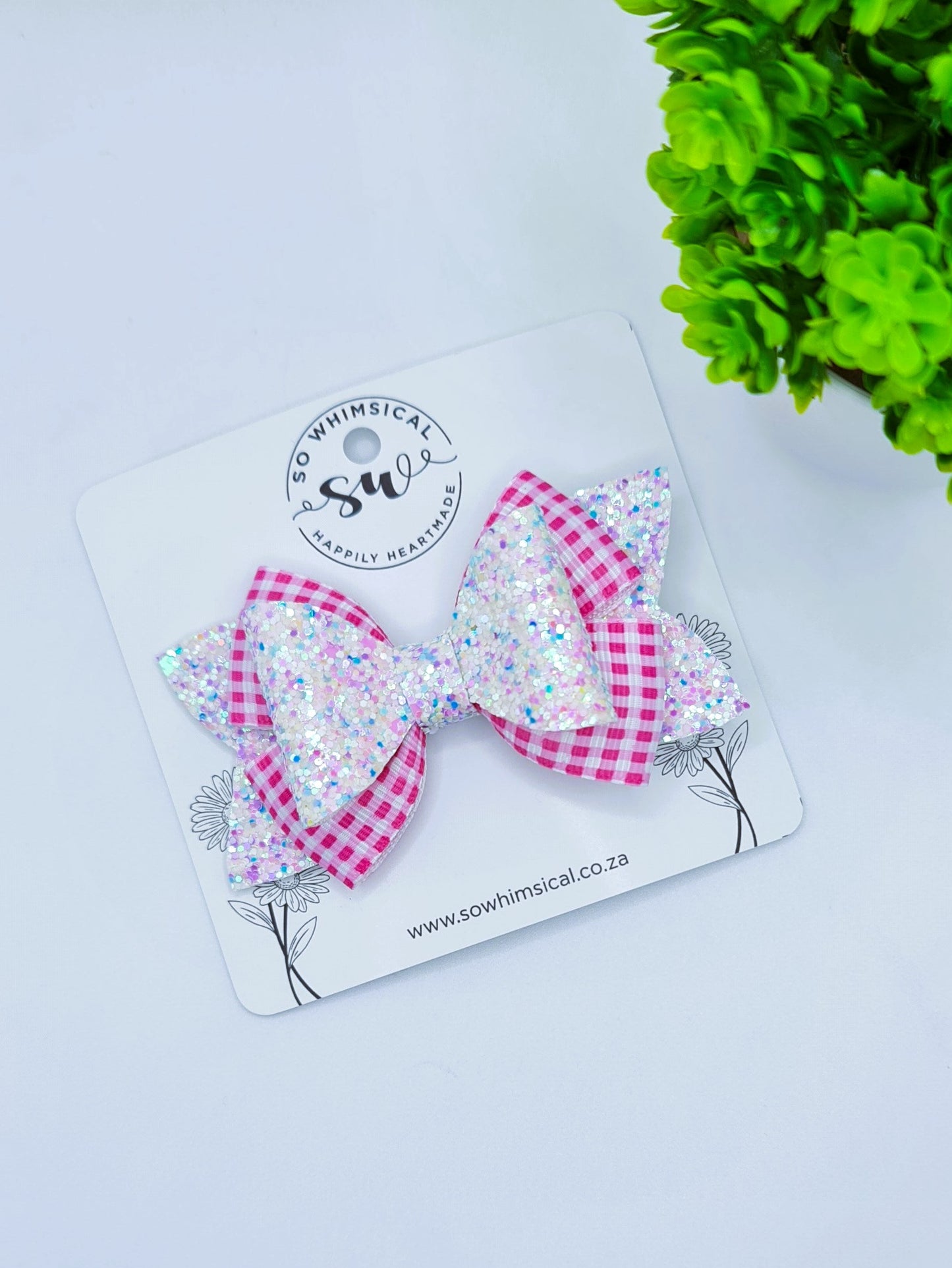 SW5345 - Checkered Ribbon & Glitter Leather Bow