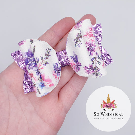 Purple Floral & Glitter Faux Leather Bow